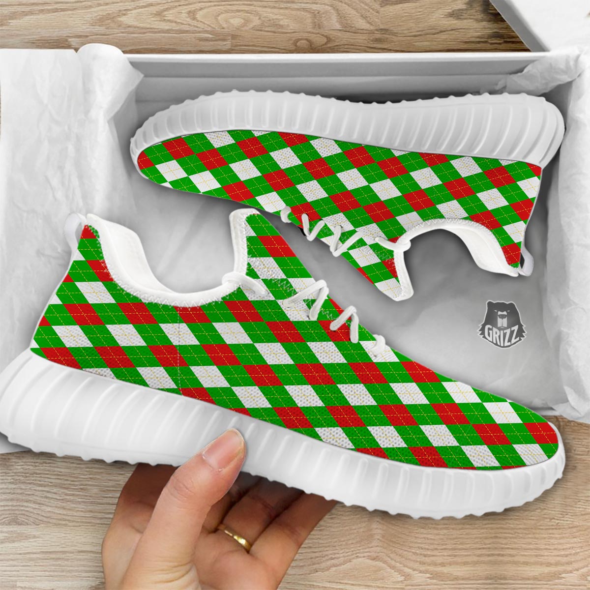 White Argyle And Green Red Print Pattern White Walking Shoes-grizzshop