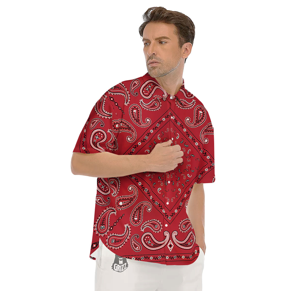 White Bandana And Black Red Print Men's Short Sleeve Shirts-grizzshop