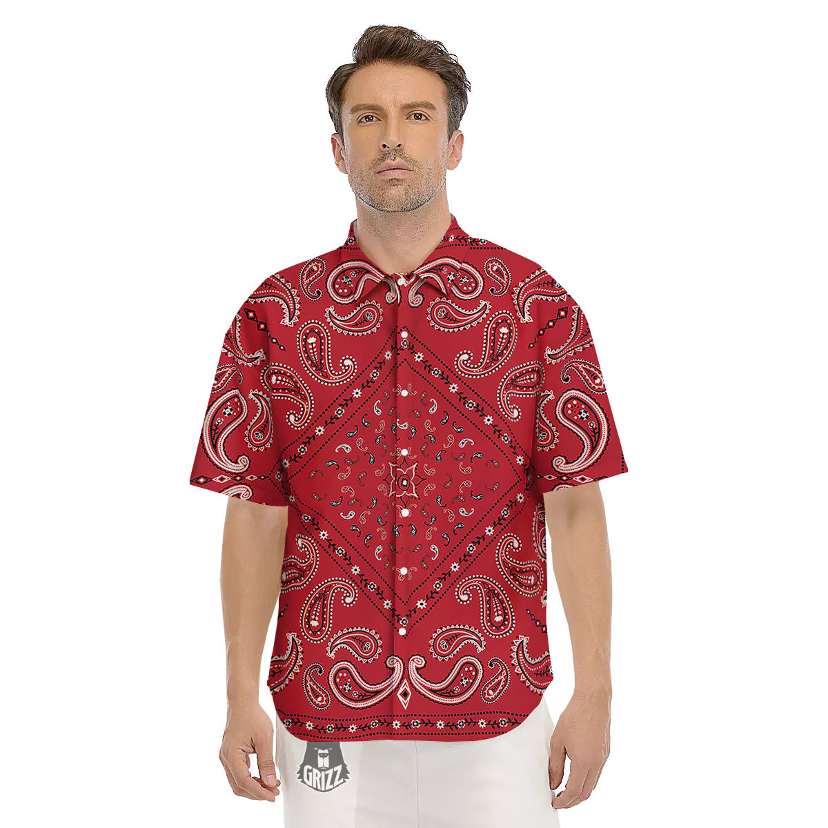 White Bandana And Black Red Print Men's Short Sleeve Shirts-grizzshop