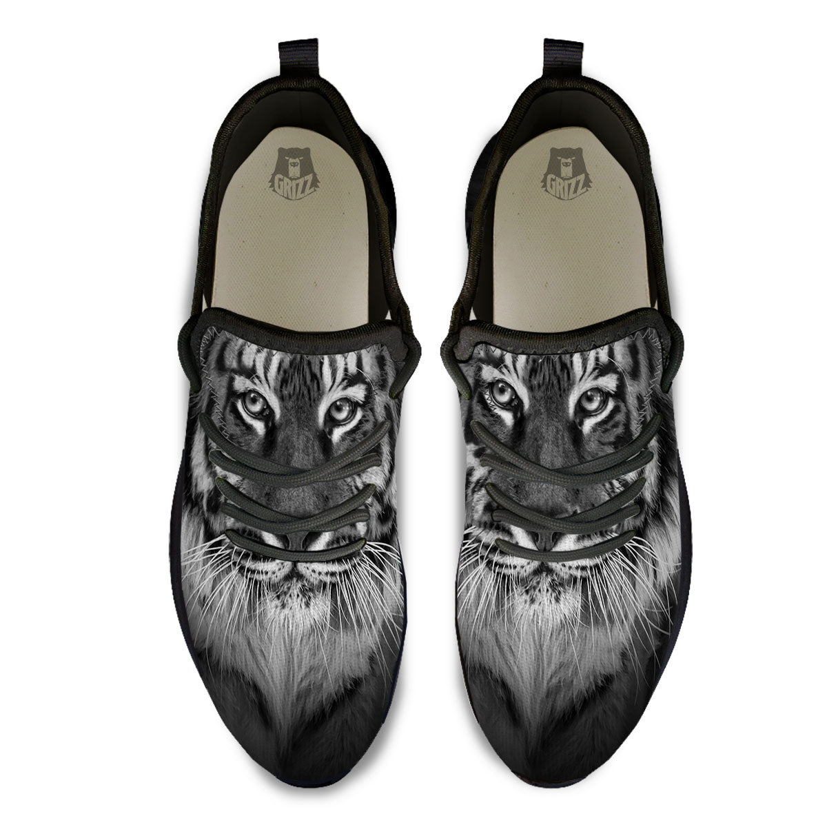 White Bengal Tiger Monochrome Print Black Athletic Shoes-grizzshop