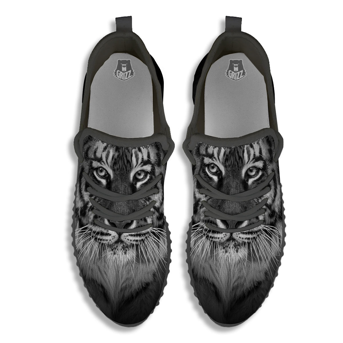 White Bengal Tiger Monochrome Print Black Walking Shoes-grizzshop