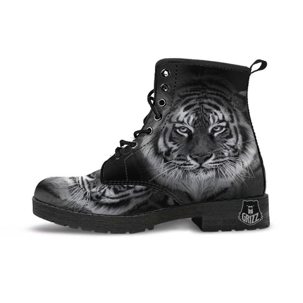 White Bengal Tiger Monochrome Print Leather Boots-grizzshop