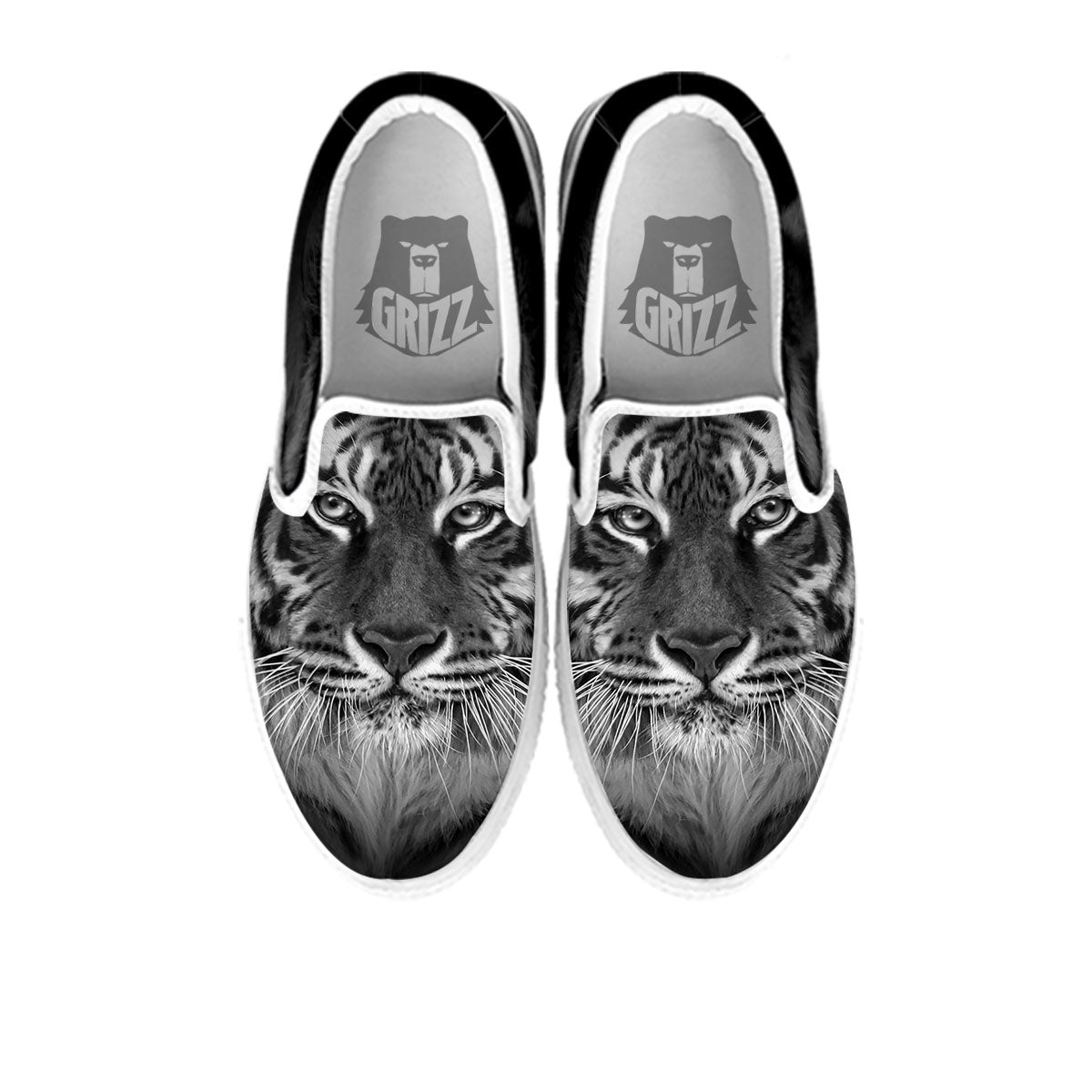 White Bengal Tiger Monochrome Print White Slip On Shoes-grizzshop