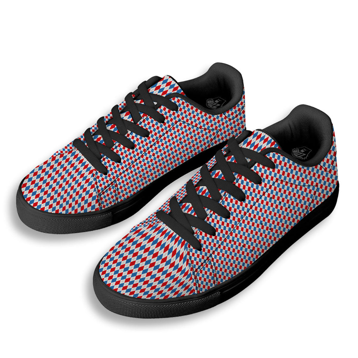 White Blue And Red Argyle Print Pattern Black Low Top Sneakers-grizzshop