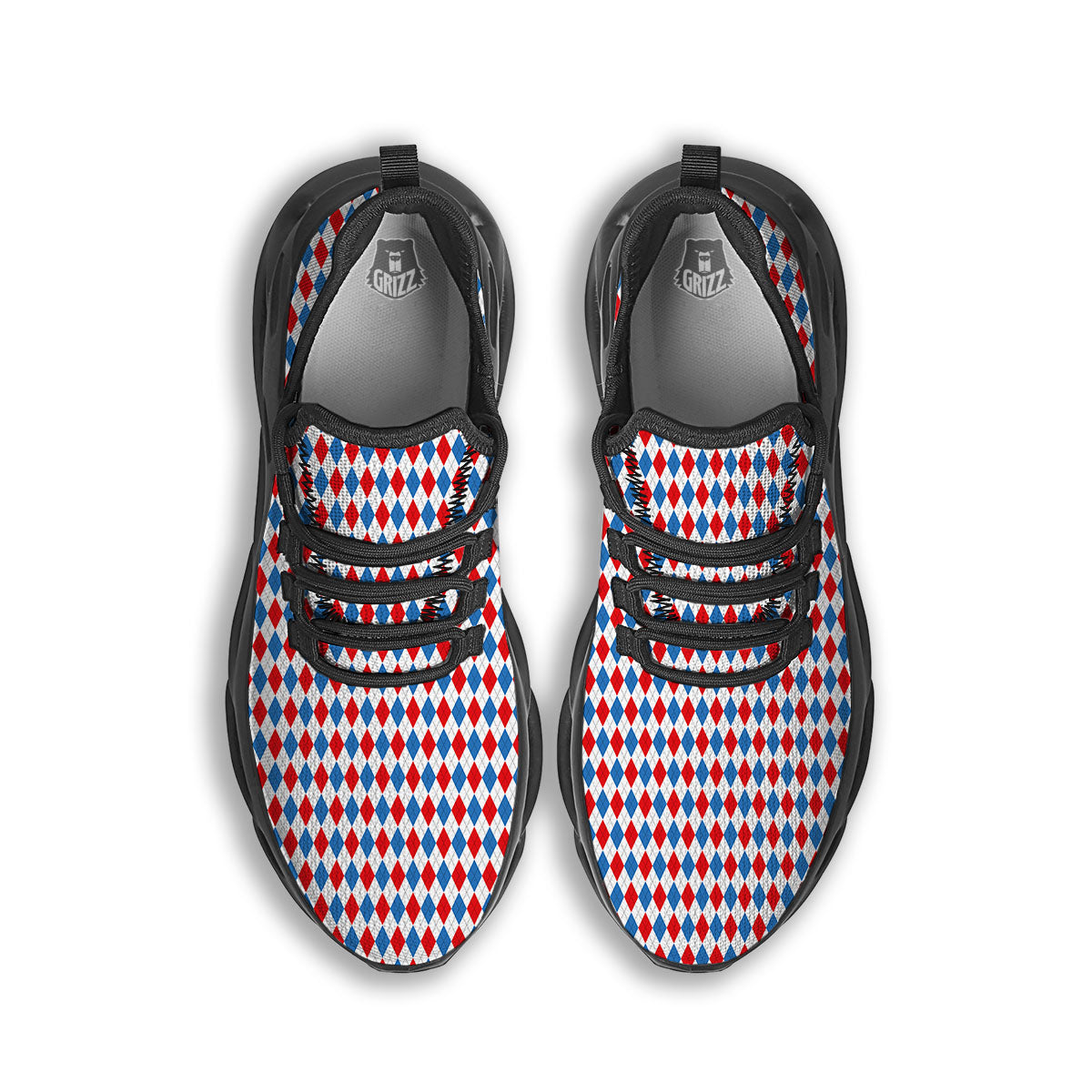 White Blue And Red Argyle Print Pattern Black Running Shoes-grizzshop