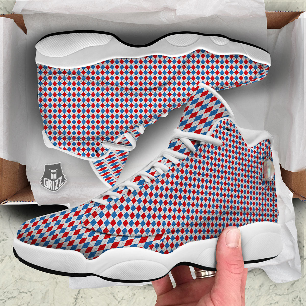 White Blue And Red Argyle Print Pattern White Basketball Shoes-grizzshop