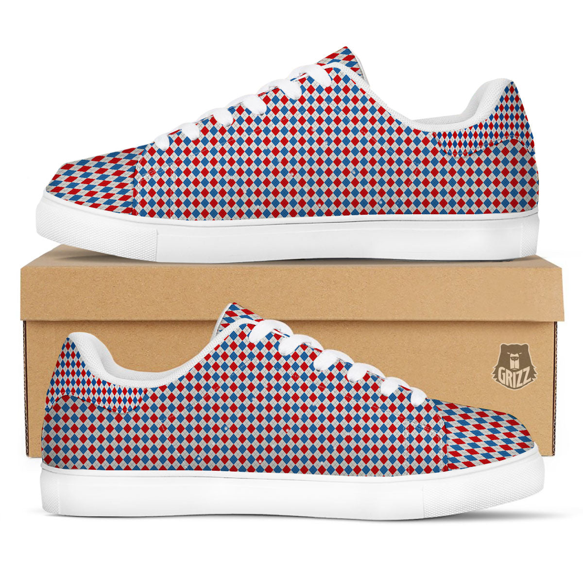 White Blue And Red Argyle Print Pattern White Low Top Sneakers-grizzshop