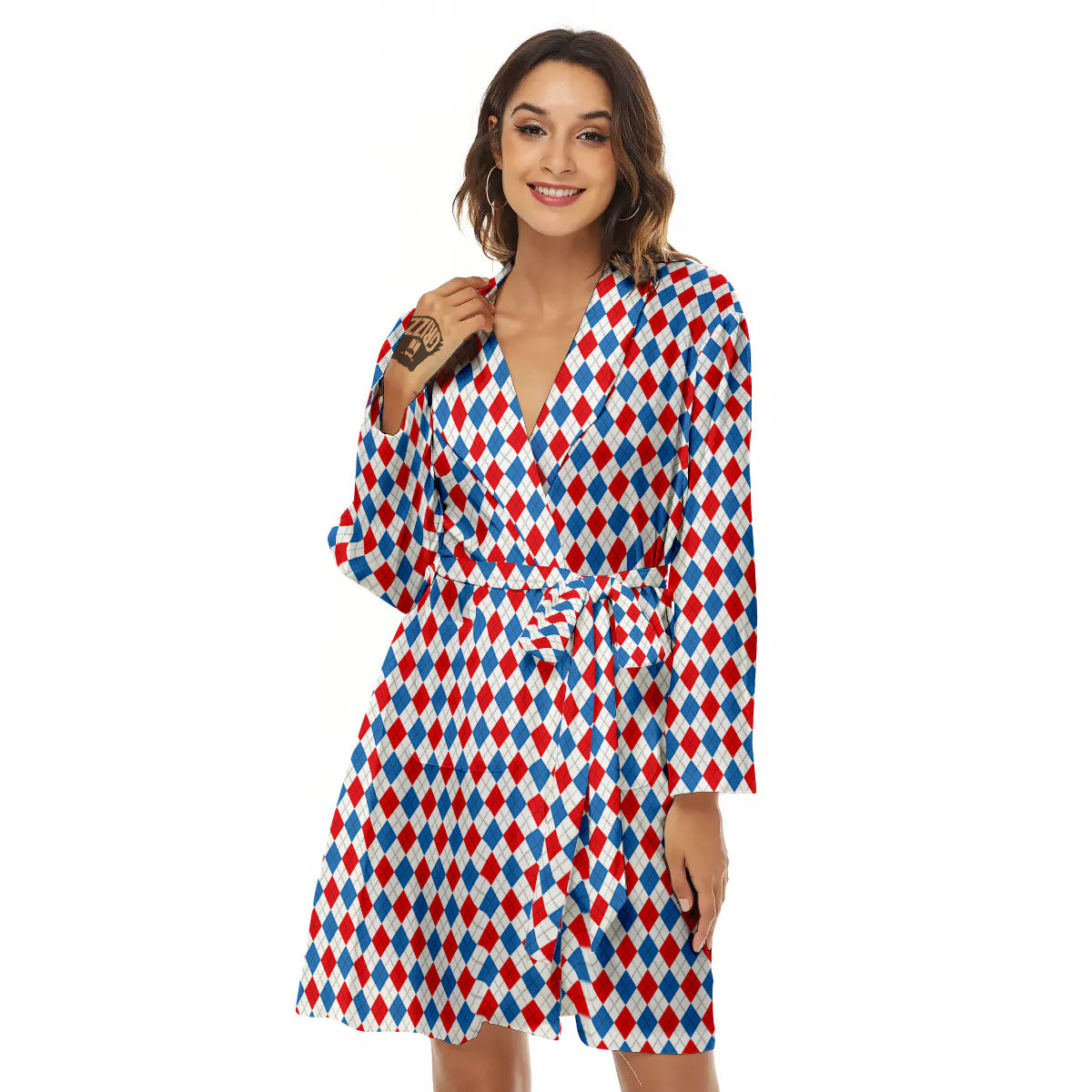 White Blue And Red Argyle Print Pattern Women's Robe-grizzshop