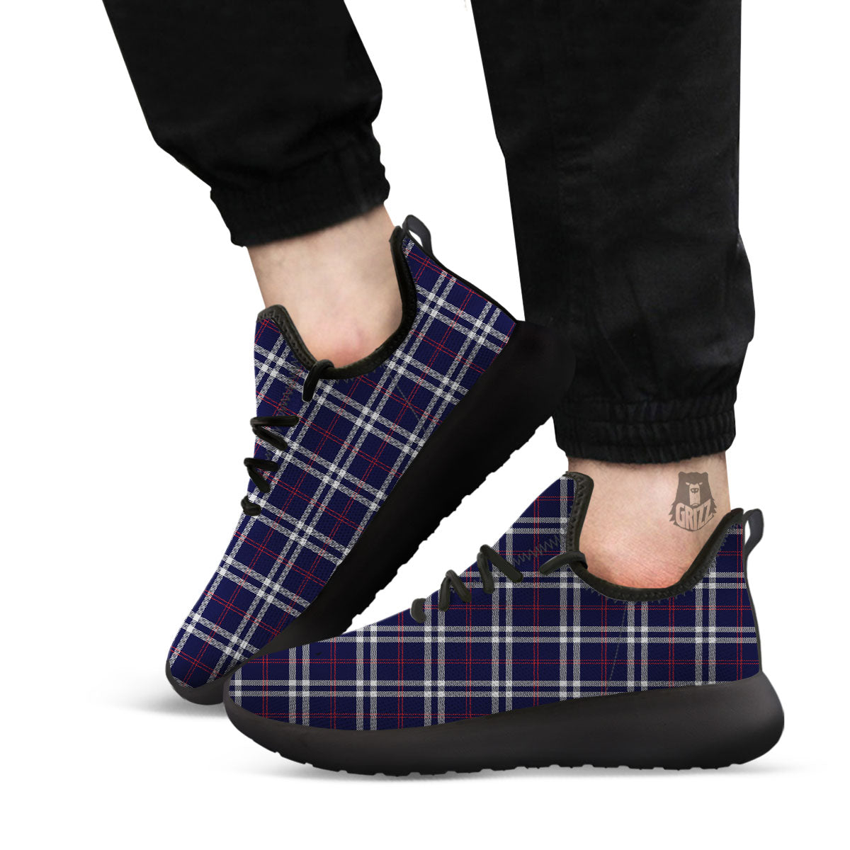 White Blue And Red Tartan Print Pattern Black Athletic Shoes-grizzshop
