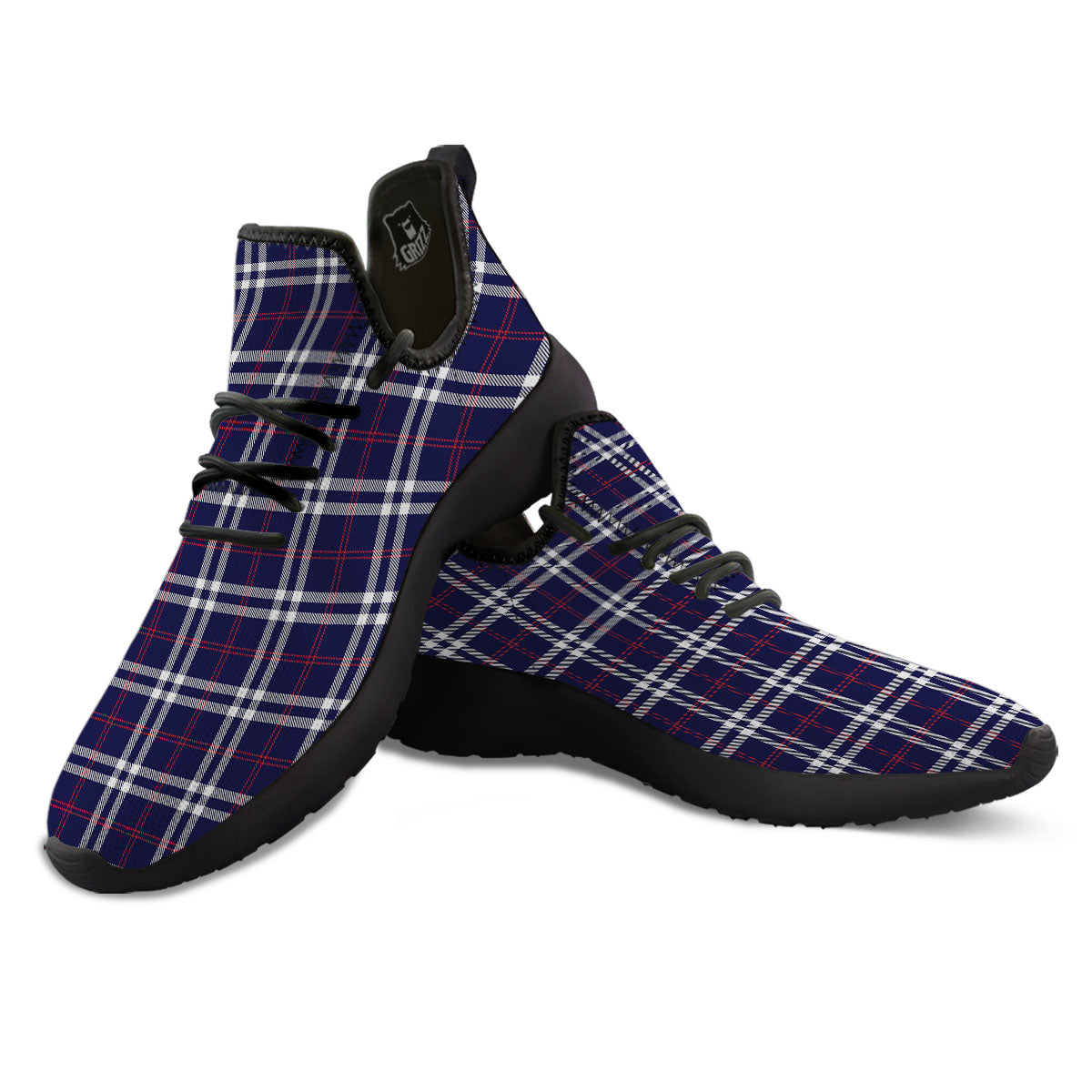 White Blue And Red Tartan Print Pattern Black Athletic Shoes-grizzshop