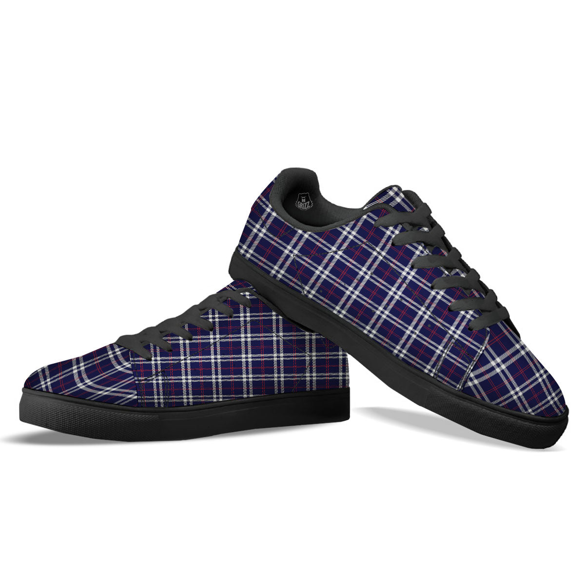 White Blue And Red Tartan Print Pattern Black Low Top Sneakers-grizzshop