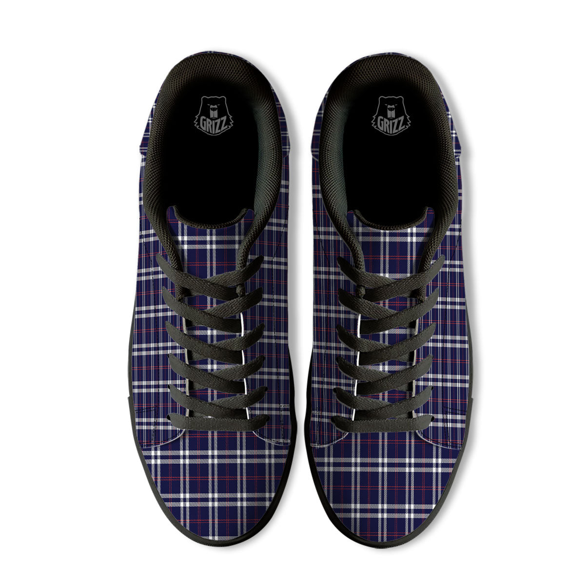 White Blue And Red Tartan Print Pattern Black Low Top Sneakers-grizzshop