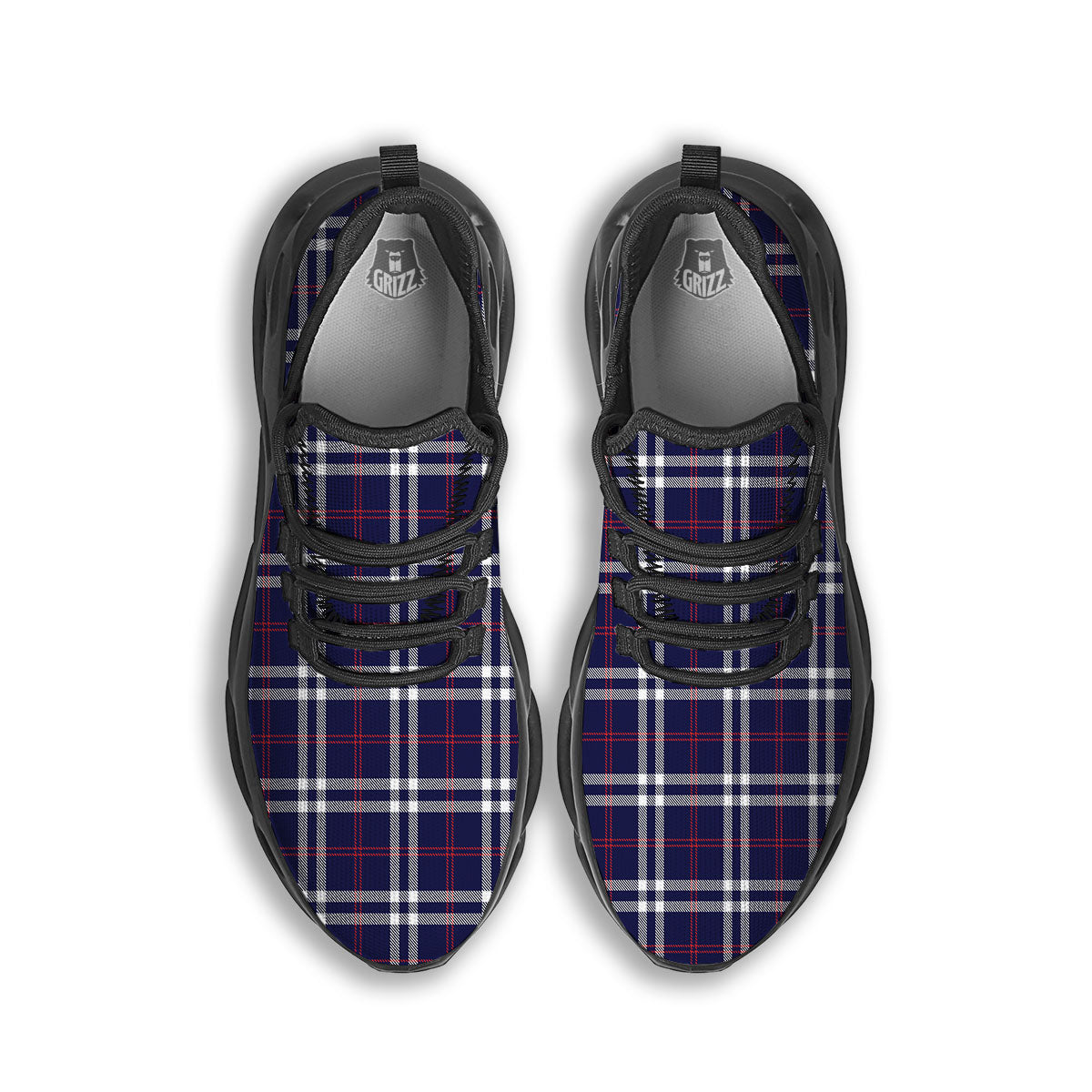 White Blue And Red Tartan Print Pattern Black Running Shoes-grizzshop