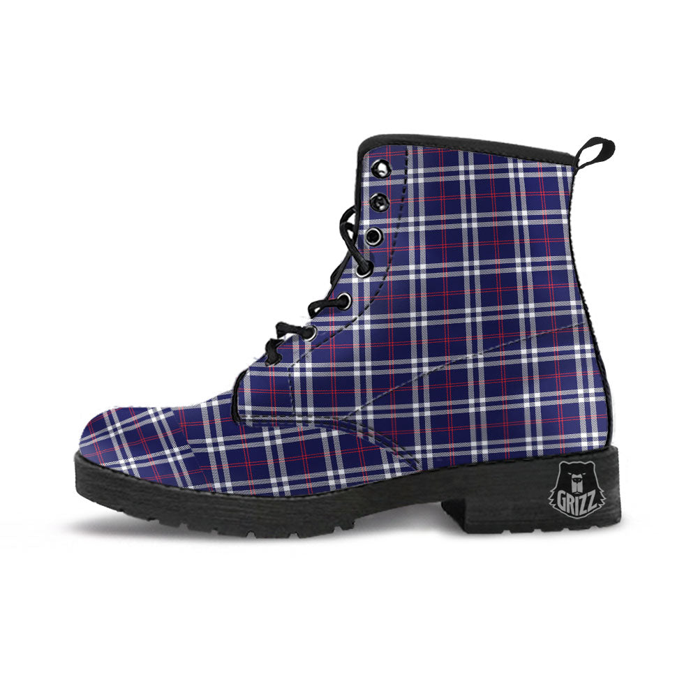 White Blue And Red Tartan Print Pattern Leather Boots-grizzshop