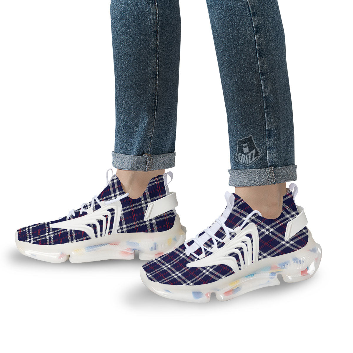 White Blue And Red Tartan Print Pattern White Gym Shoes-grizzshop