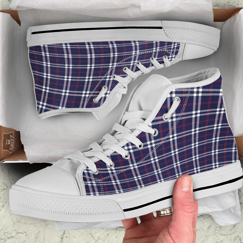 White Blue And Red Tartan Print Pattern White High Top Shoes-grizzshop