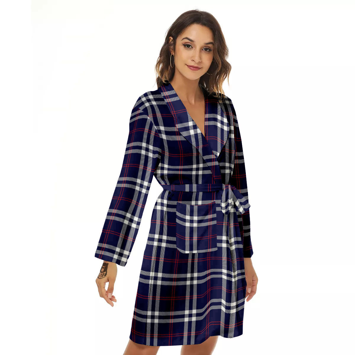 White Blue And Red Tartan Print Pattern Women's Robe-grizzshop