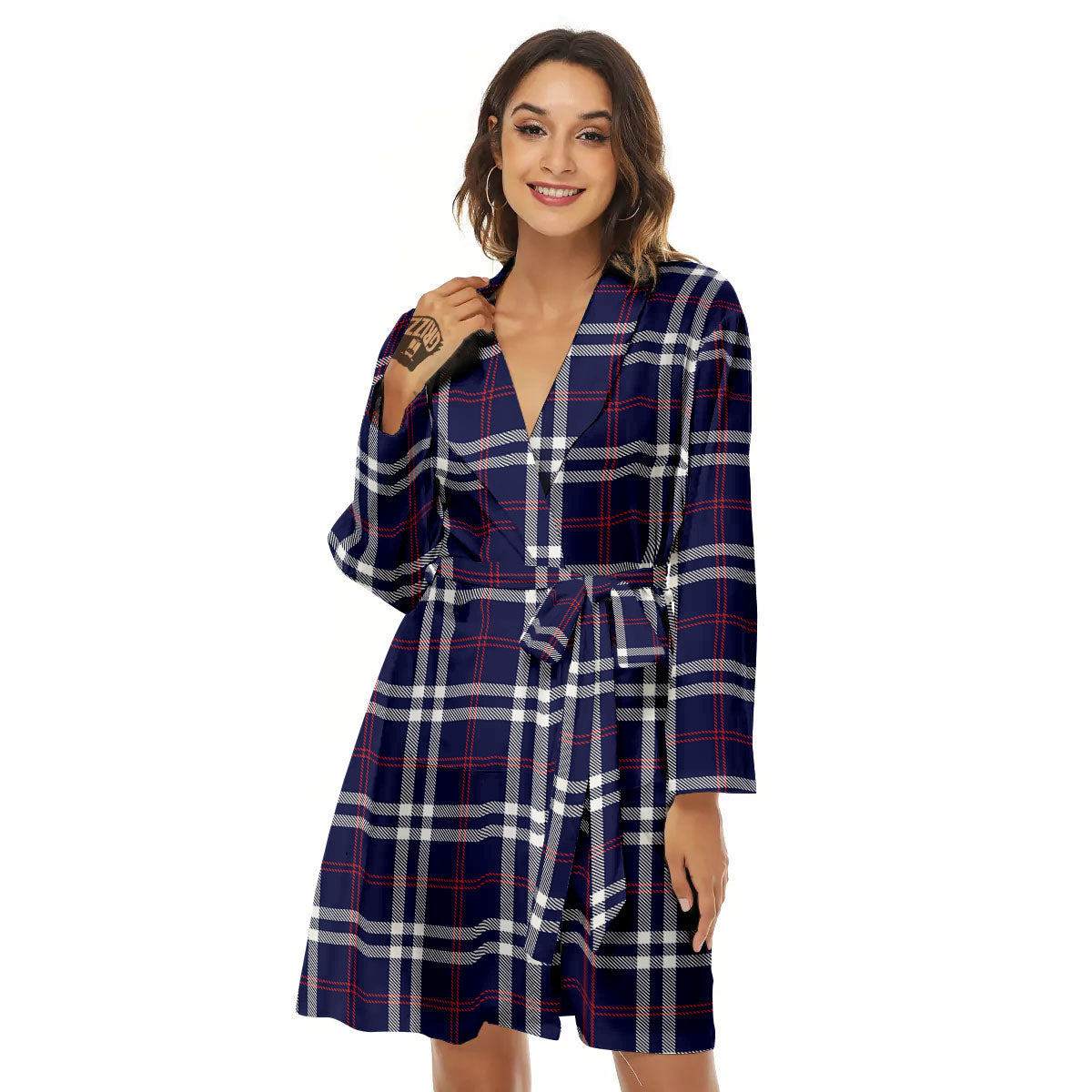 White Blue And Red Tartan Print Pattern Women's Robe-grizzshop