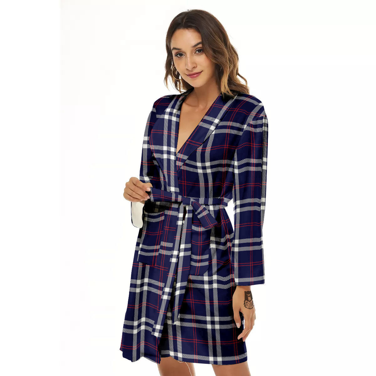 White Blue And Red Tartan Print Pattern Women's Robe-grizzshop