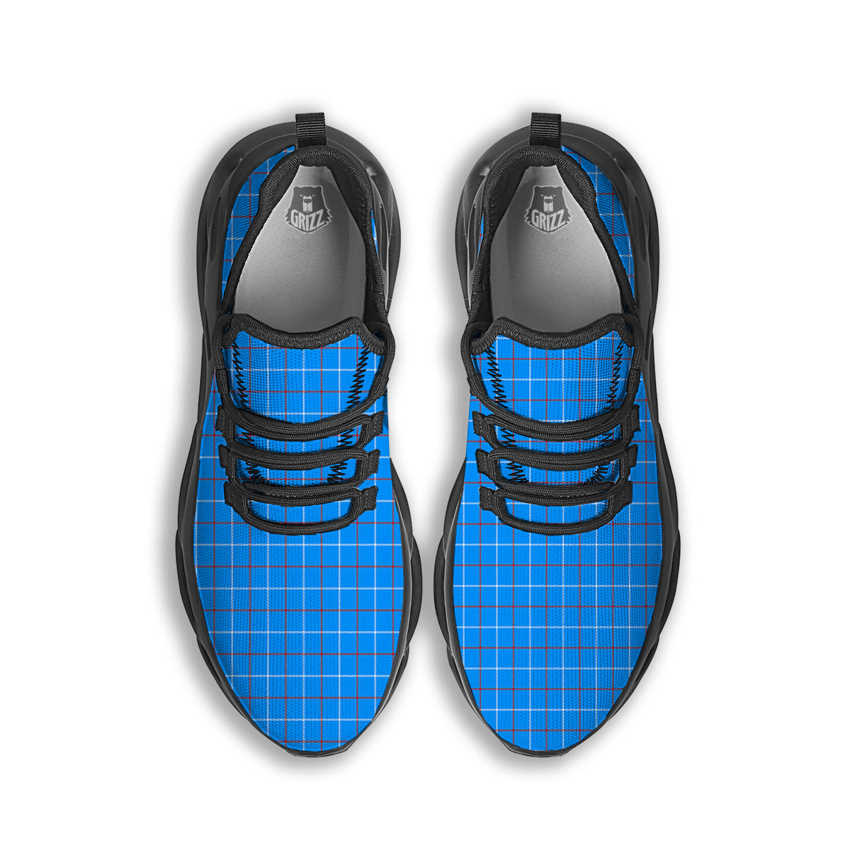 White Blue And Red Tattersall Print Black Running Shoes-grizzshop