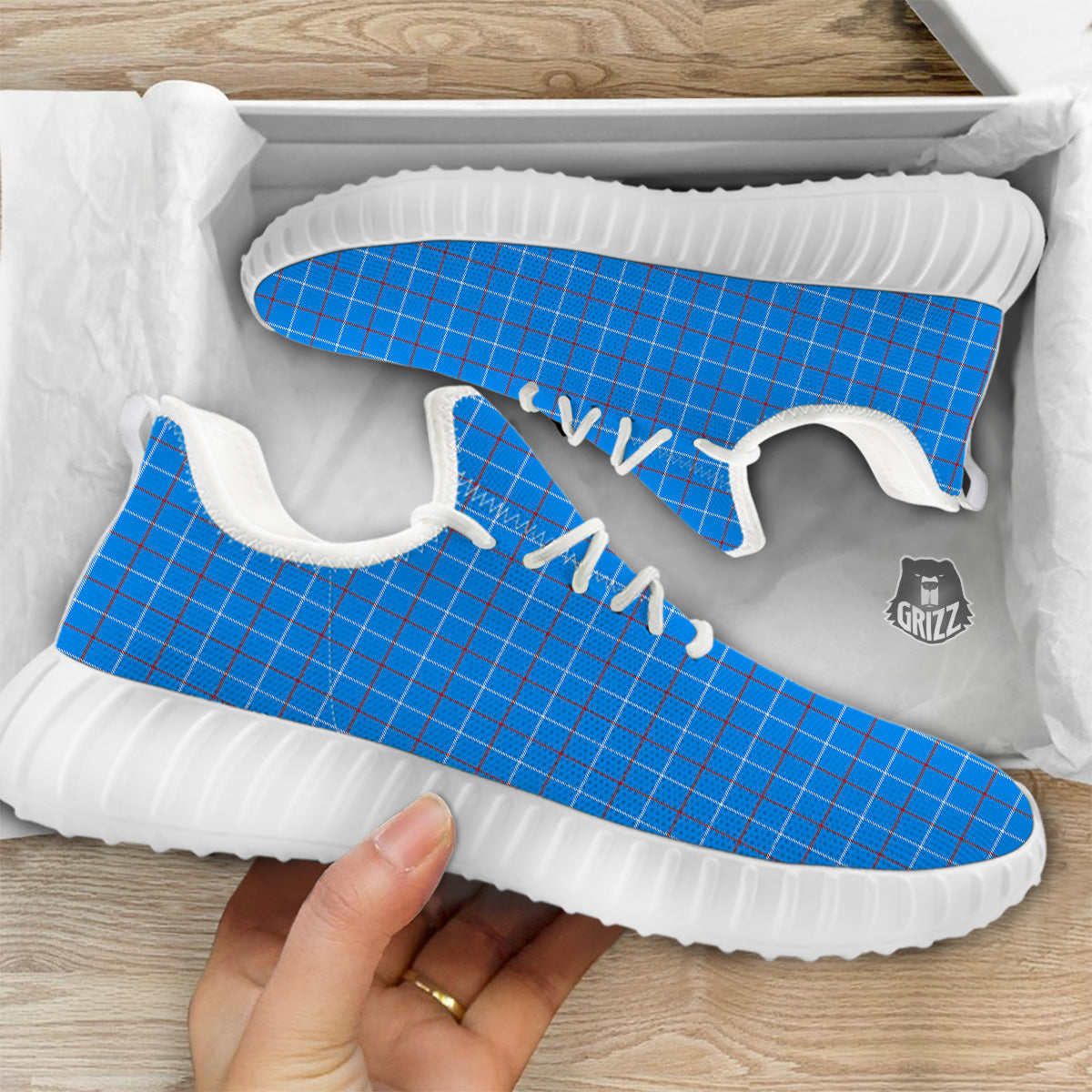 White Blue And Red Tattersall Print White Walking Shoes-grizzshop