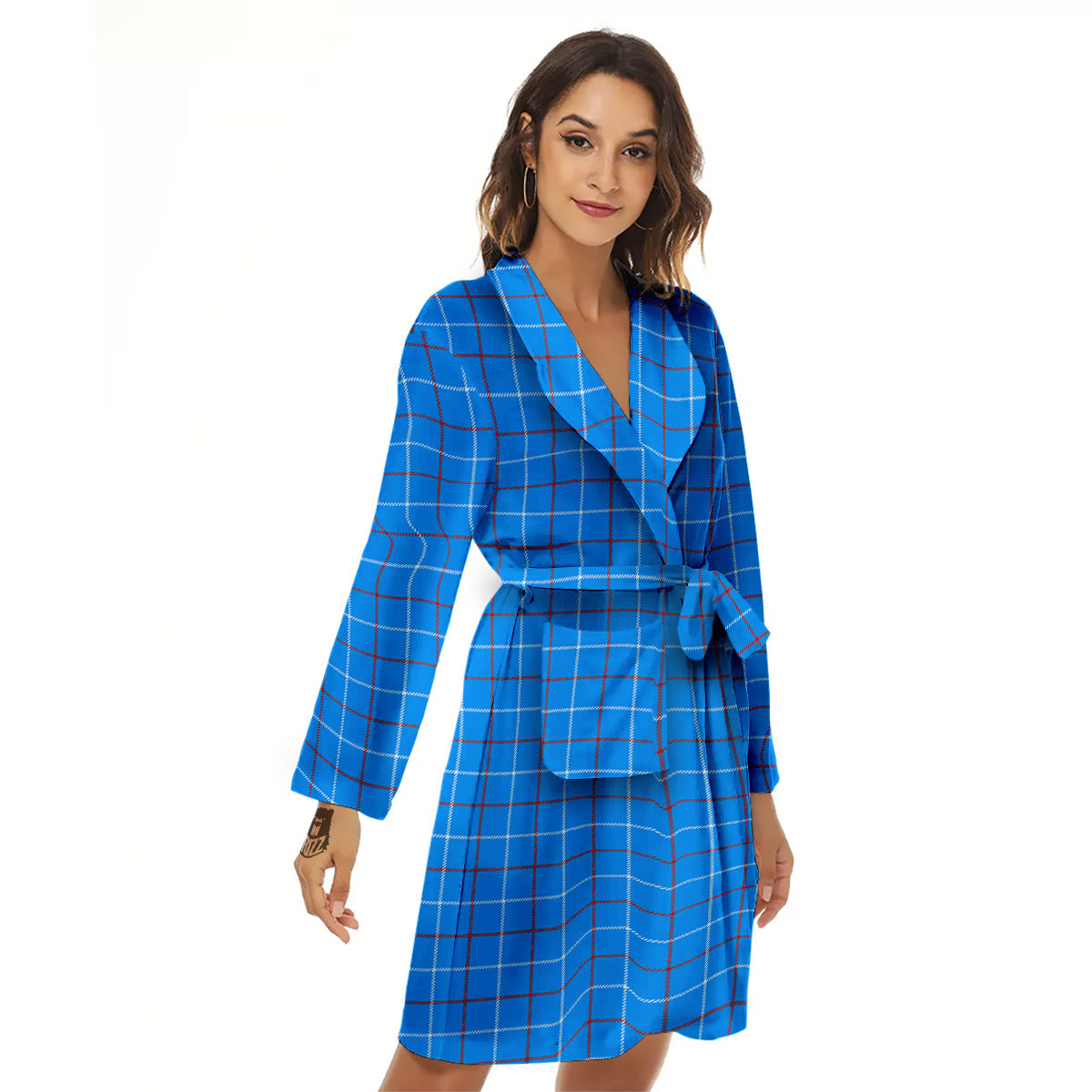 White Blue And Red Tattersall Print Women's Robe-grizzshop