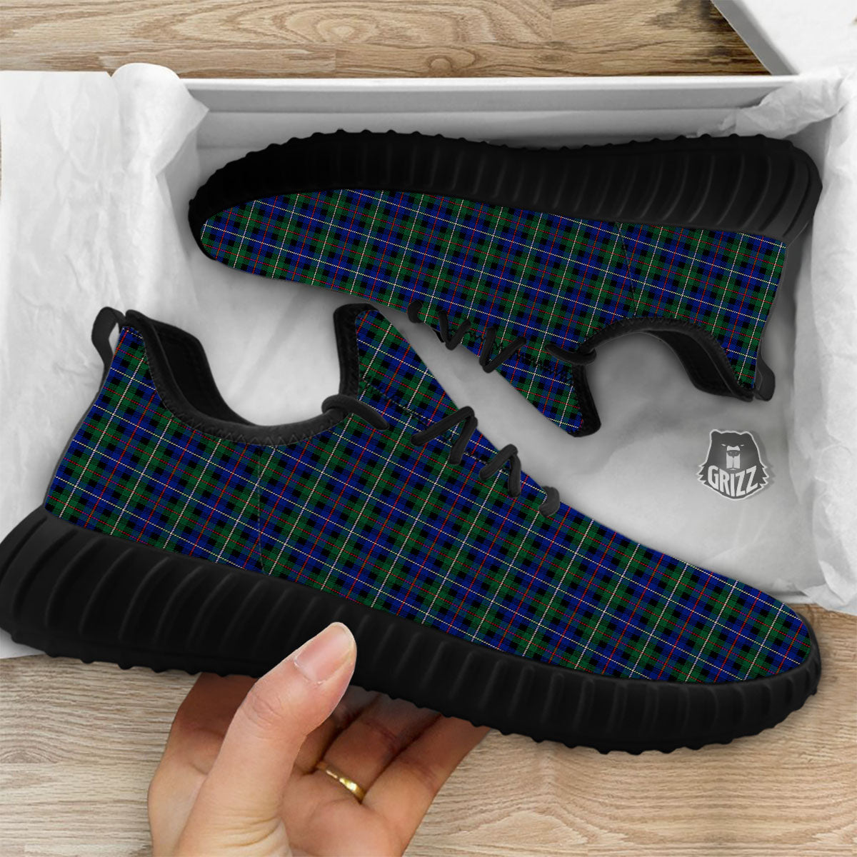 White Buffalo And Green Blue Plaid Print Black Walking Shoes-grizzshop