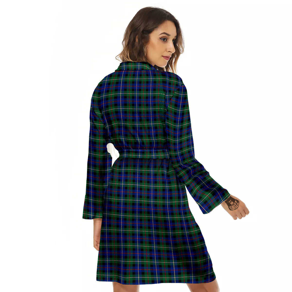 White Buffalo And Green Blue Plaid Print Women's Robe-grizzshop
