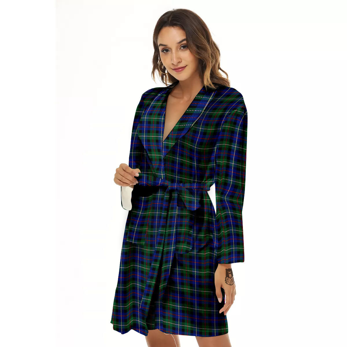 White Buffalo And Green Blue Plaid Print Women's Robe-grizzshop