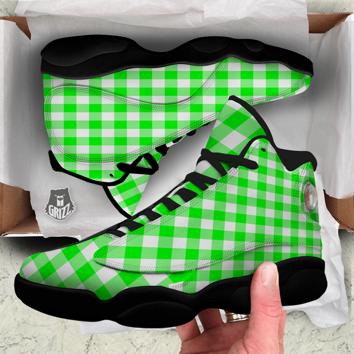 White Buffalo Check And UFO Green Print Pattern Black Basketball Shoes-grizzshop