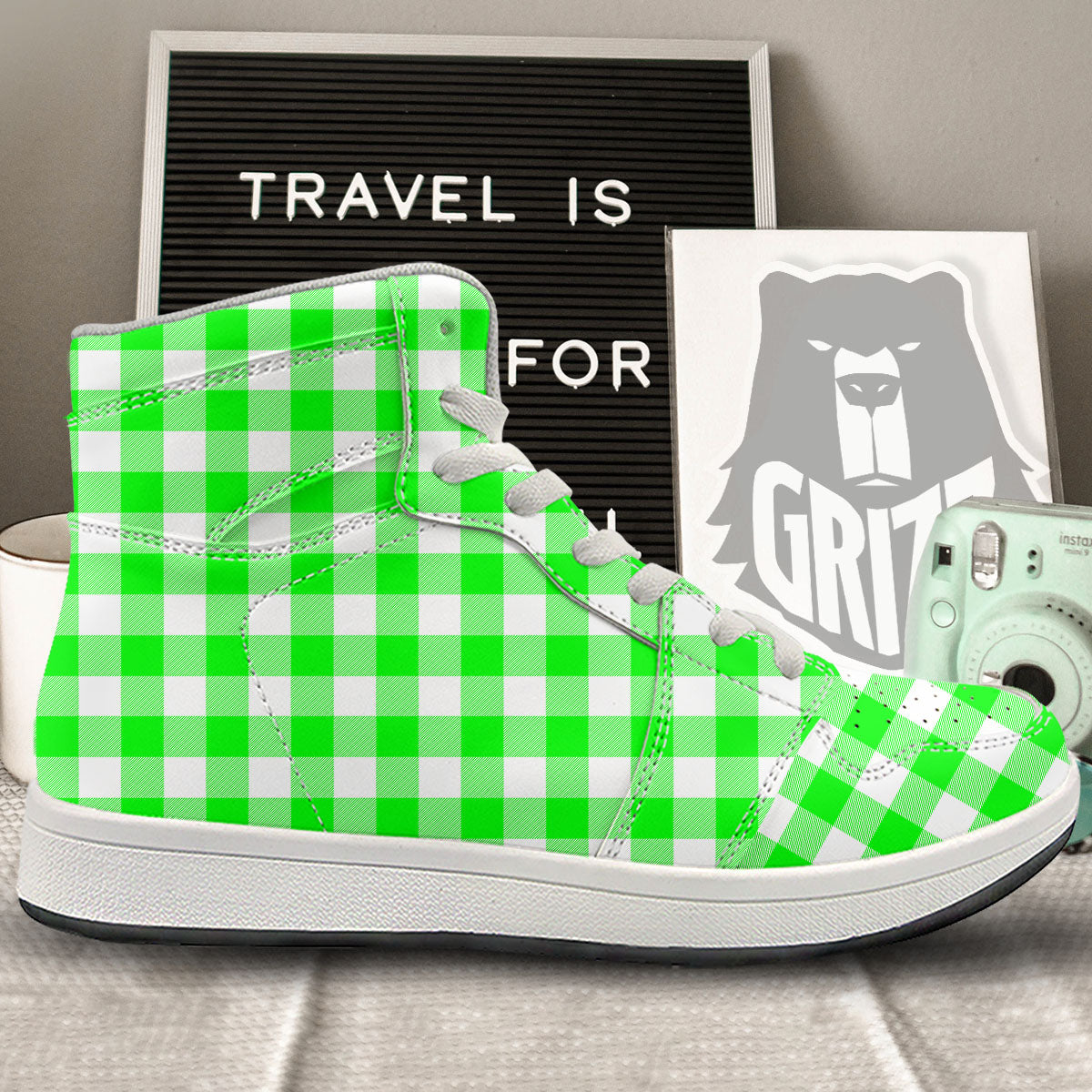 White Buffalo Check And UFO Green Print Pattern High Top Sneakers-grizzshop
