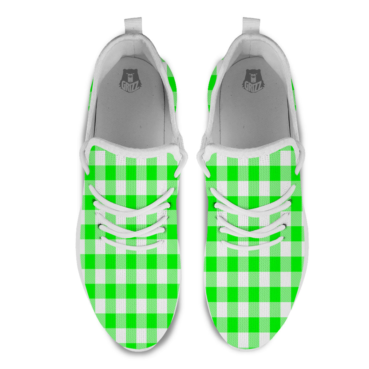 White Buffalo Check And UFO Green Print Pattern White Athletic Shoes-grizzshop