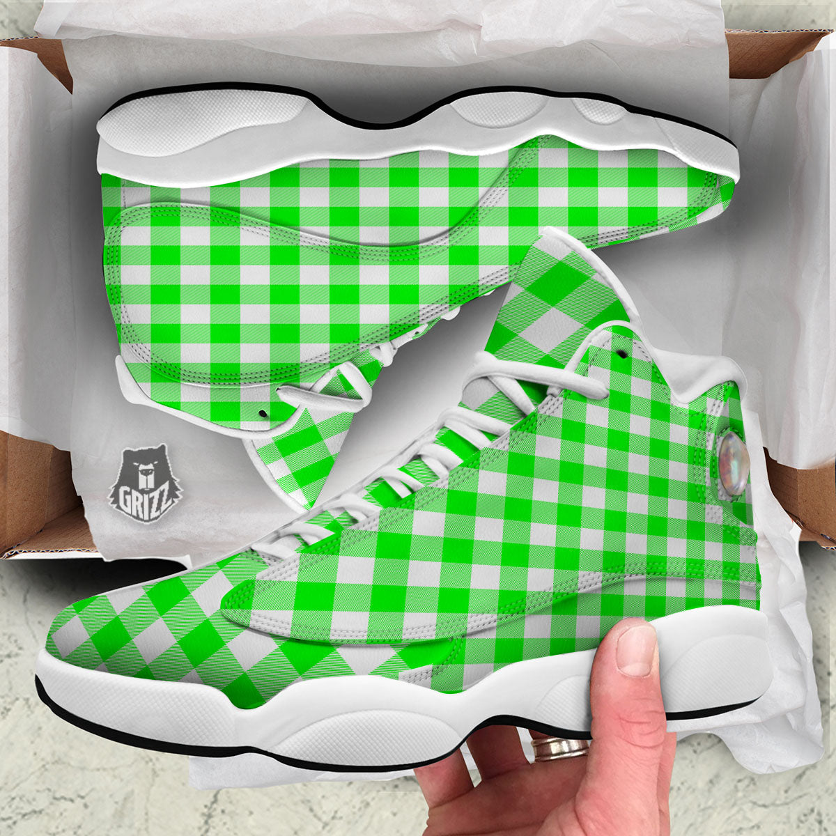 White Buffalo Check And UFO Green Print Pattern White Basketball Shoes-grizzshop