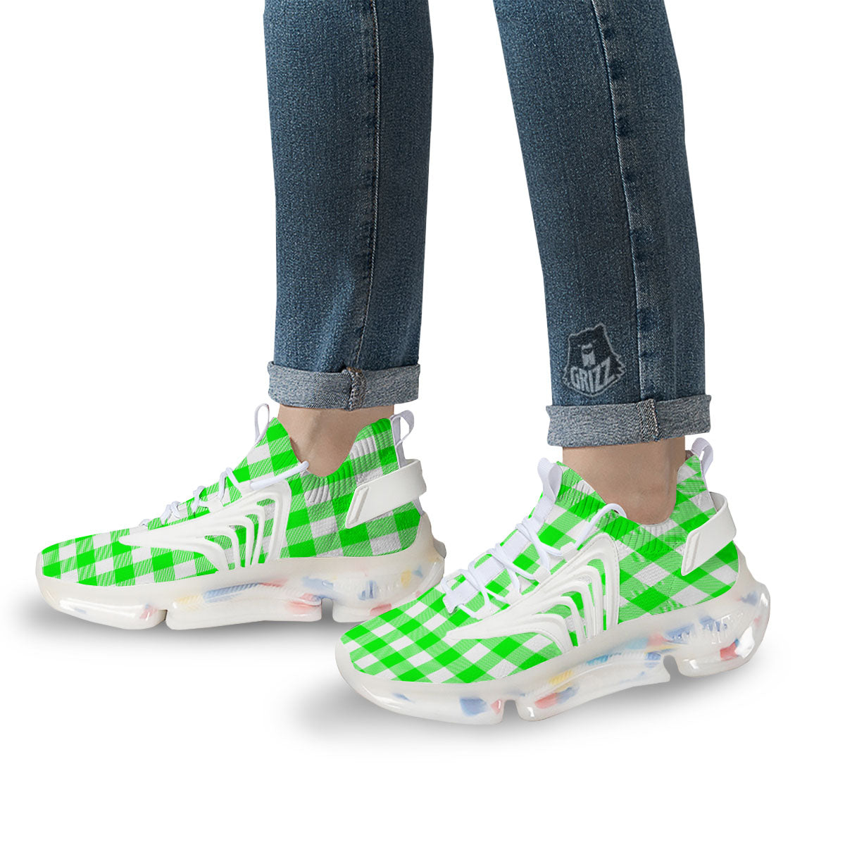 White Buffalo Check And UFO Green Print Pattern White Gym Shoes-grizzshop