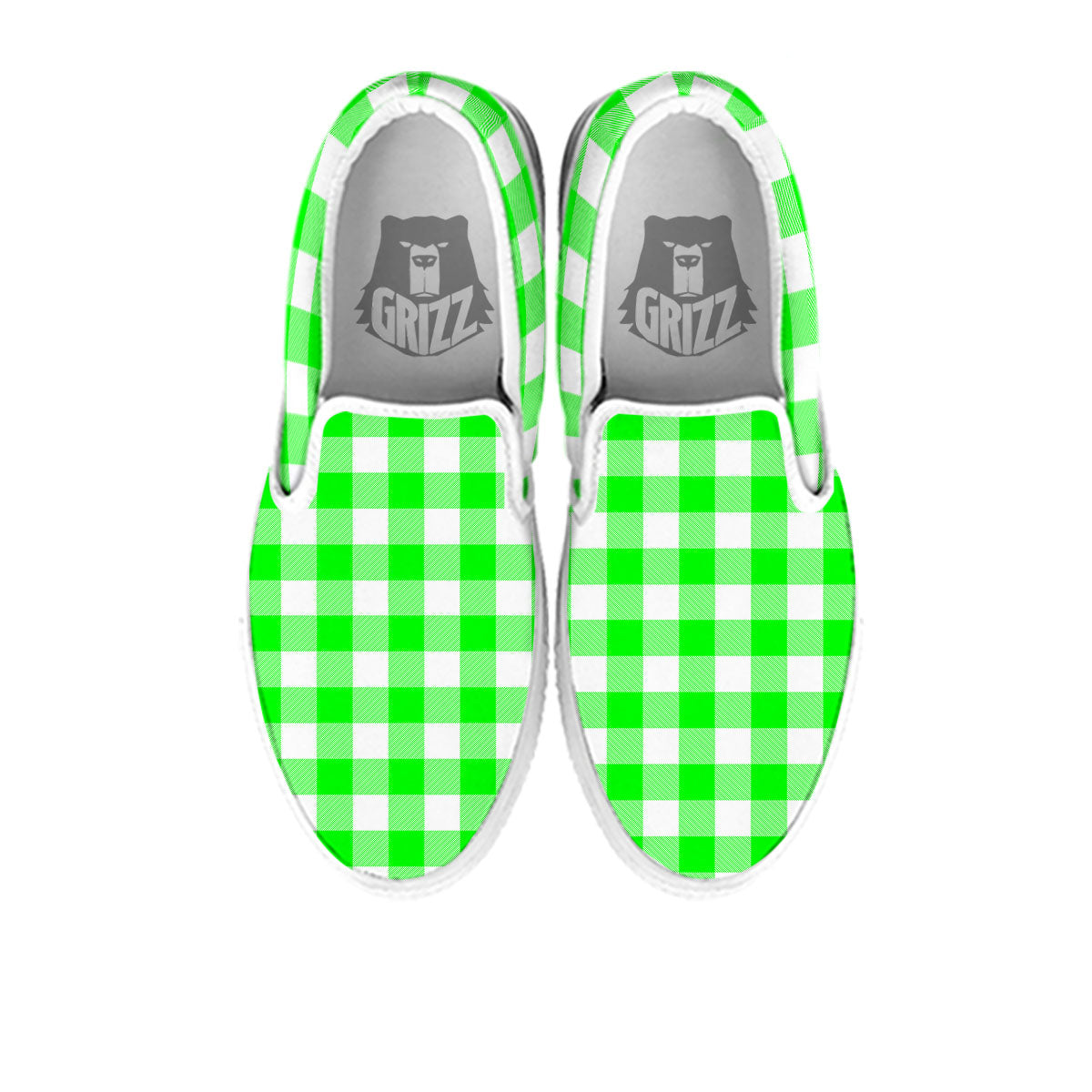 White Buffalo Check And UFO Green Print Pattern White Slip On Shoes-grizzshop