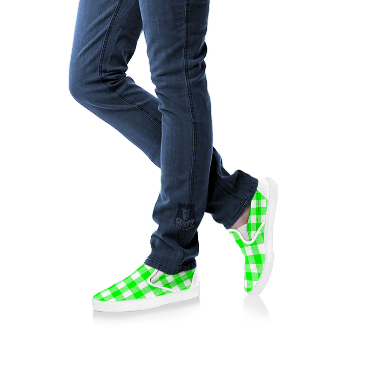 White Buffalo Check And UFO Green Print Pattern White Slip On Shoes-grizzshop