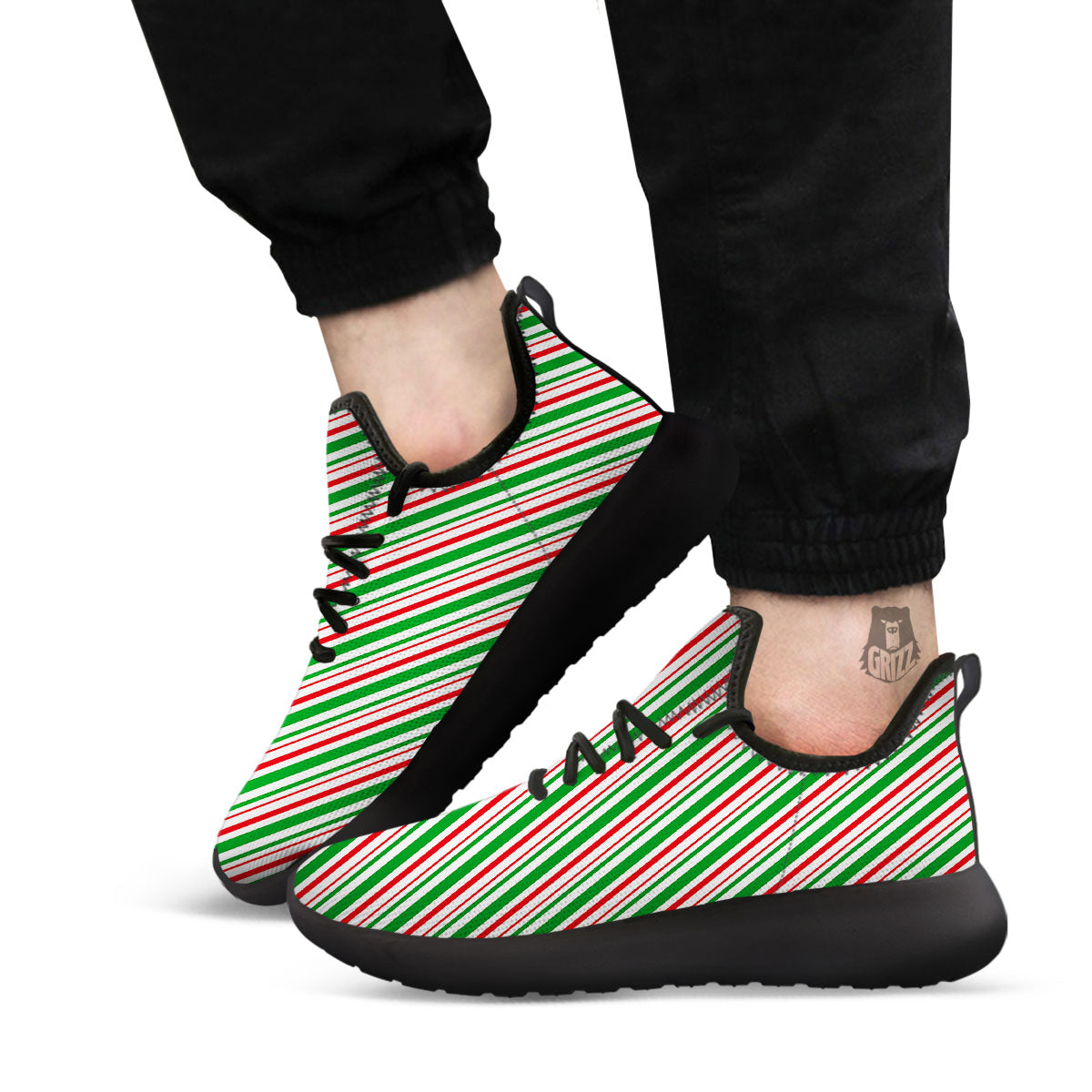 White Candy Cane And Red Green Print Black Athletic Shoes-grizzshop