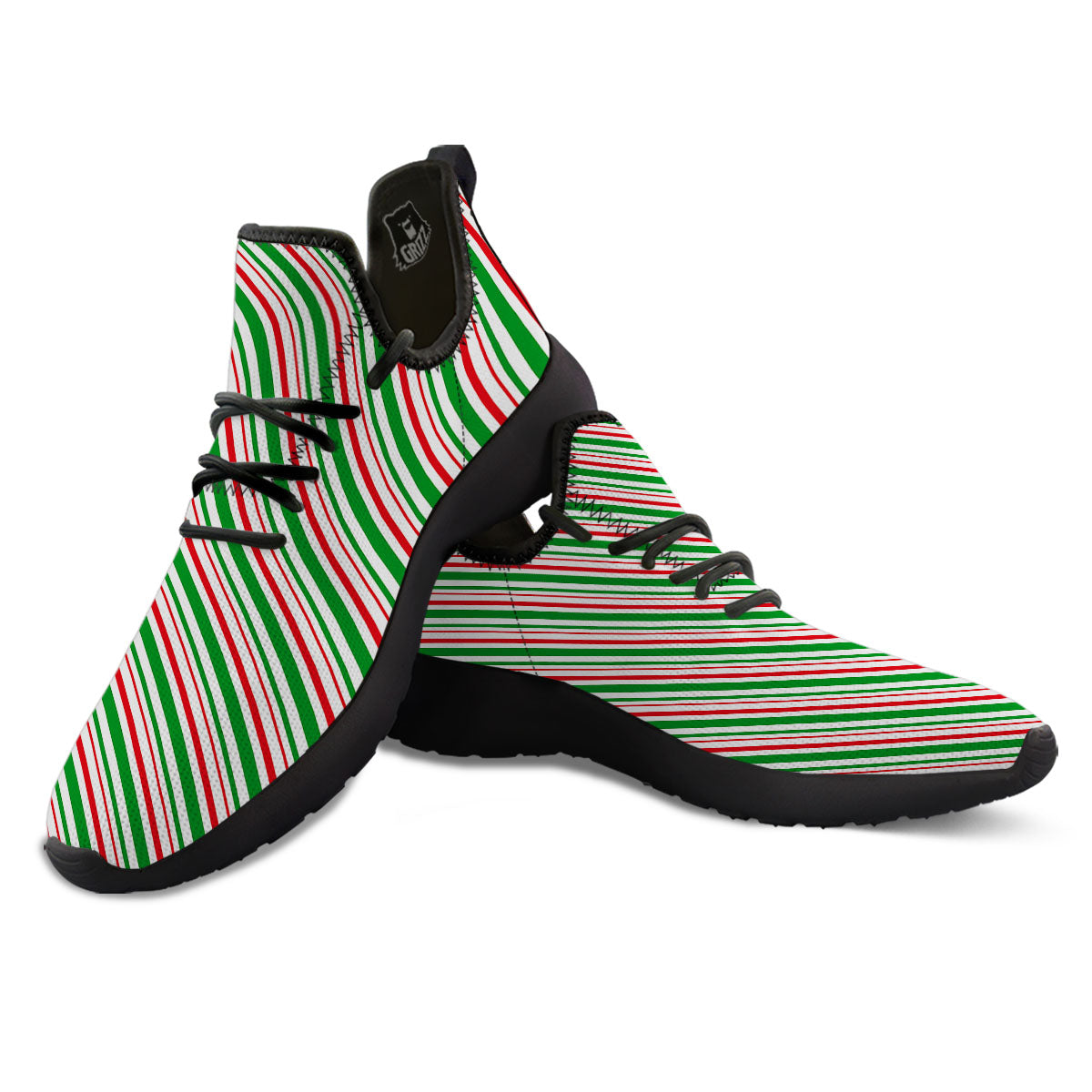 White Candy Cane And Red Green Print Black Athletic Shoes-grizzshop
