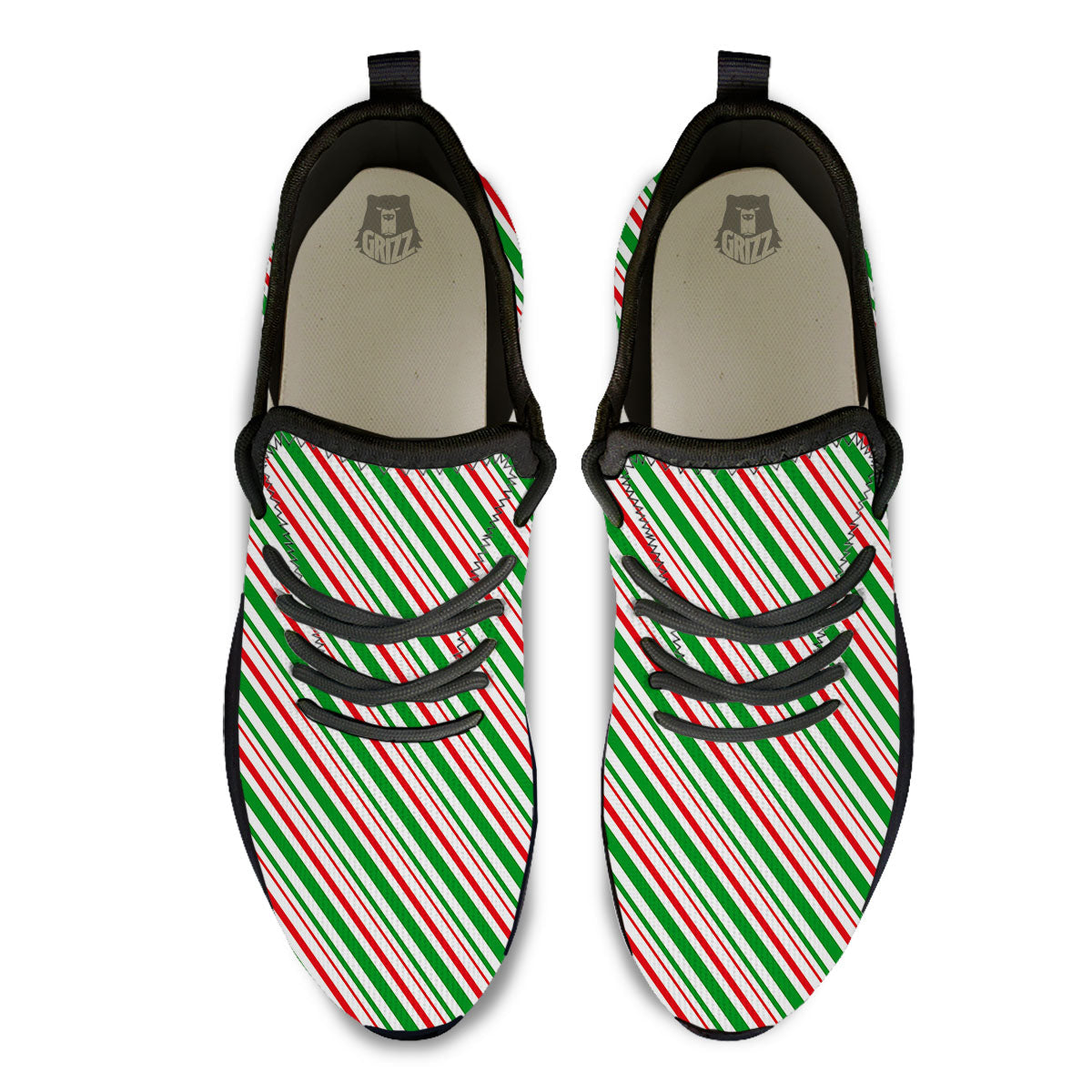 White Candy Cane And Red Green Print Black Athletic Shoes-grizzshop