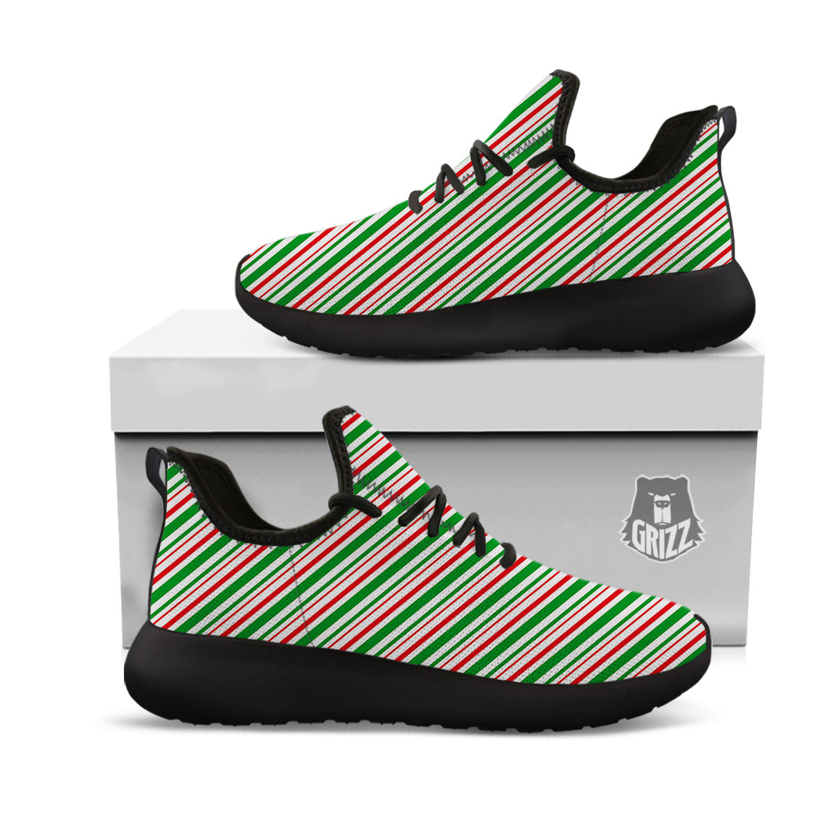 White Candy Cane And Red Green Print Black Athletic Shoes-grizzshop