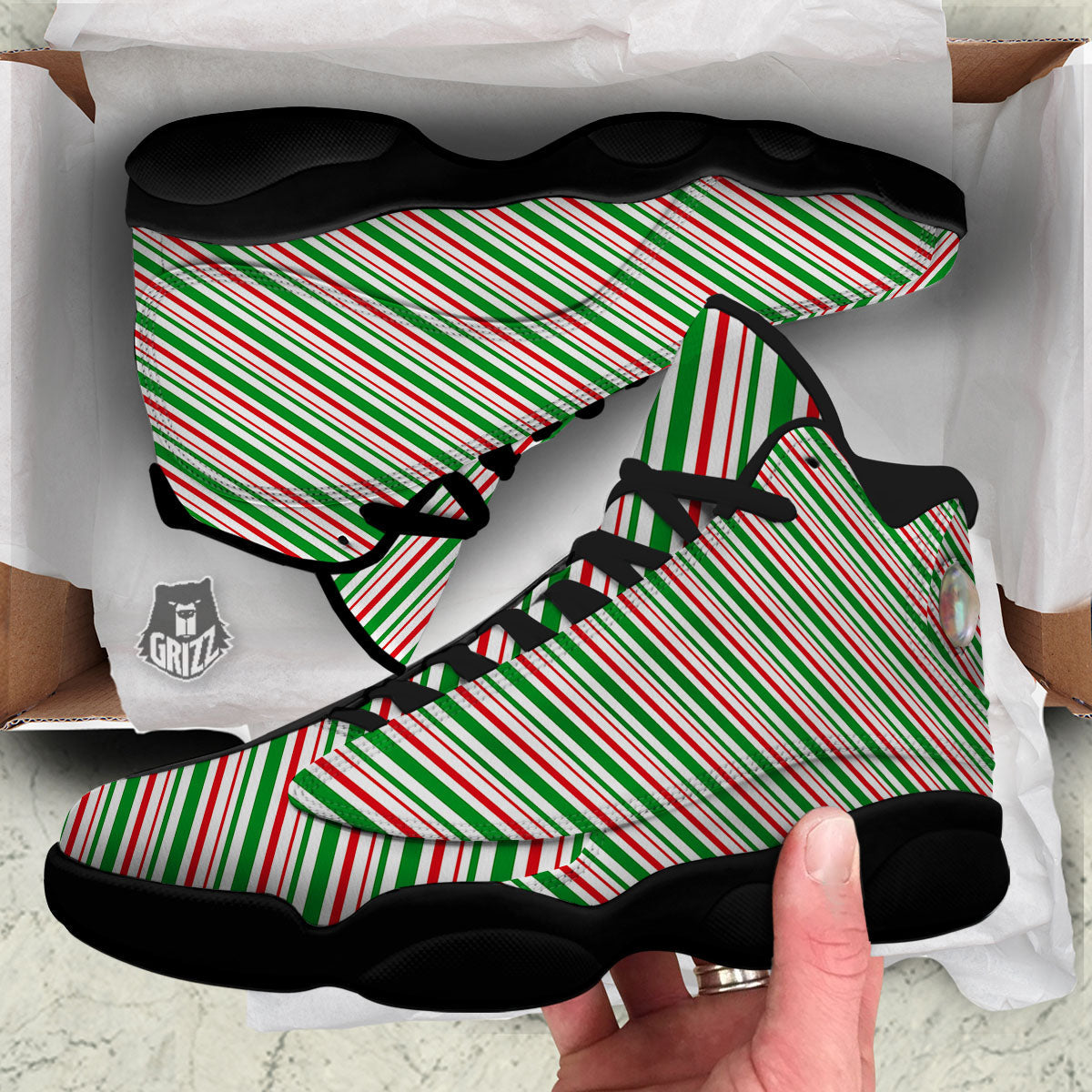 White Candy Cane And Red Green Print Black Basketball Shoes-grizzshop