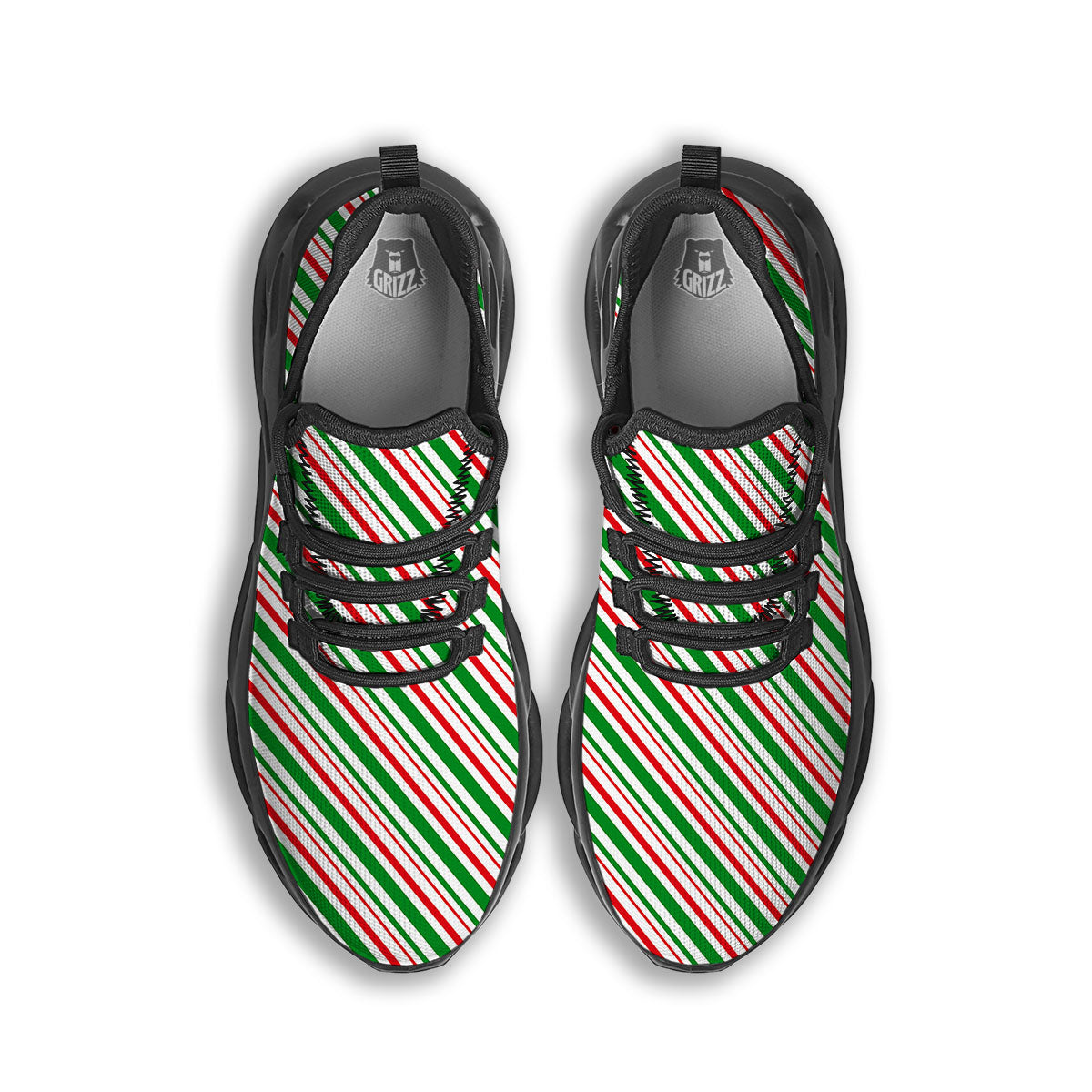 White Candy Cane And Red Green Print Black Running Shoes-grizzshop