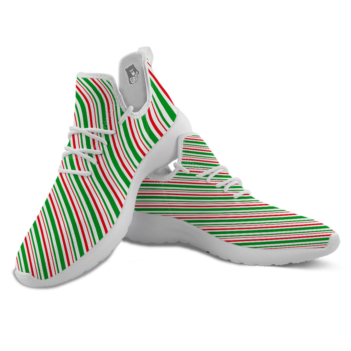White Candy Cane And Red Green Print White Athletic Shoes-grizzshop