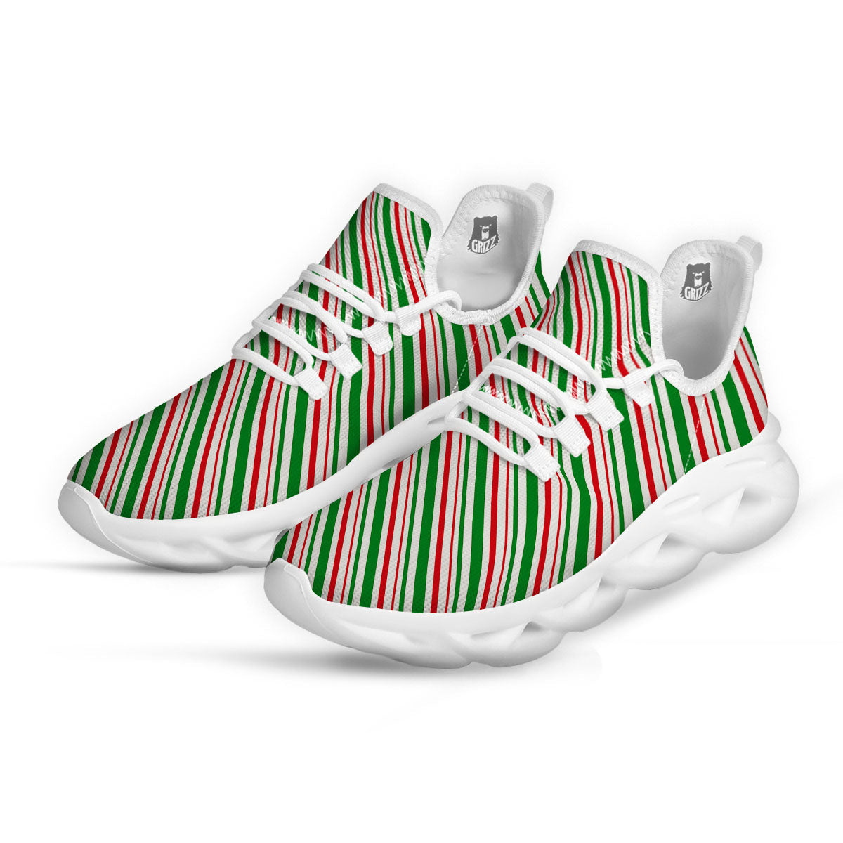 White Candy Cane And Red Green Print White Running Shoes-grizzshop