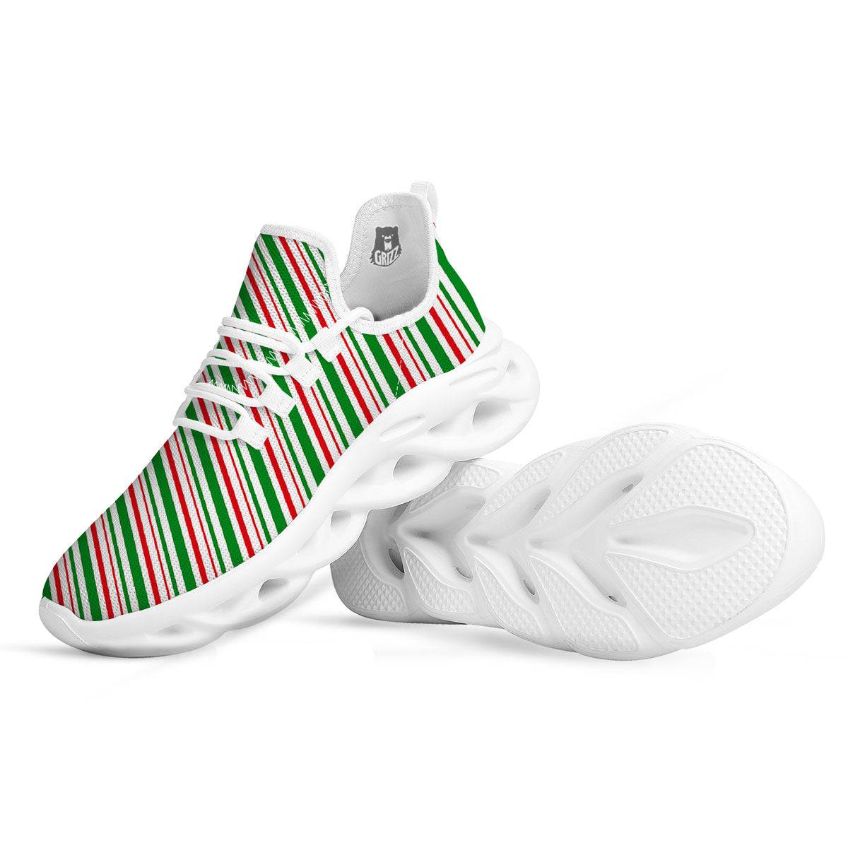 White Candy Cane And Red Green Print White Running Shoes-grizzshop