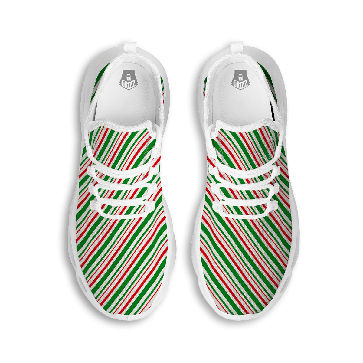 White Candy Cane And Red Green Print White Running Shoes-grizzshop