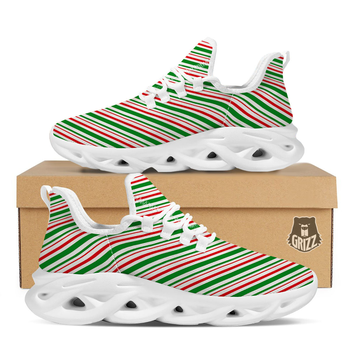 White Candy Cane And Red Green Print White Running Shoes-grizzshop