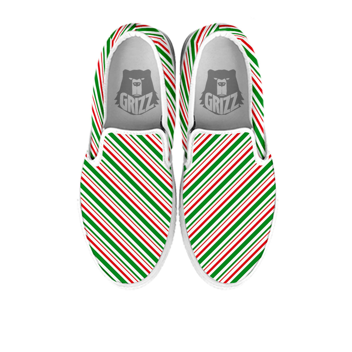 White Candy Cane And Red Green Print White Slip On Shoes-grizzshop