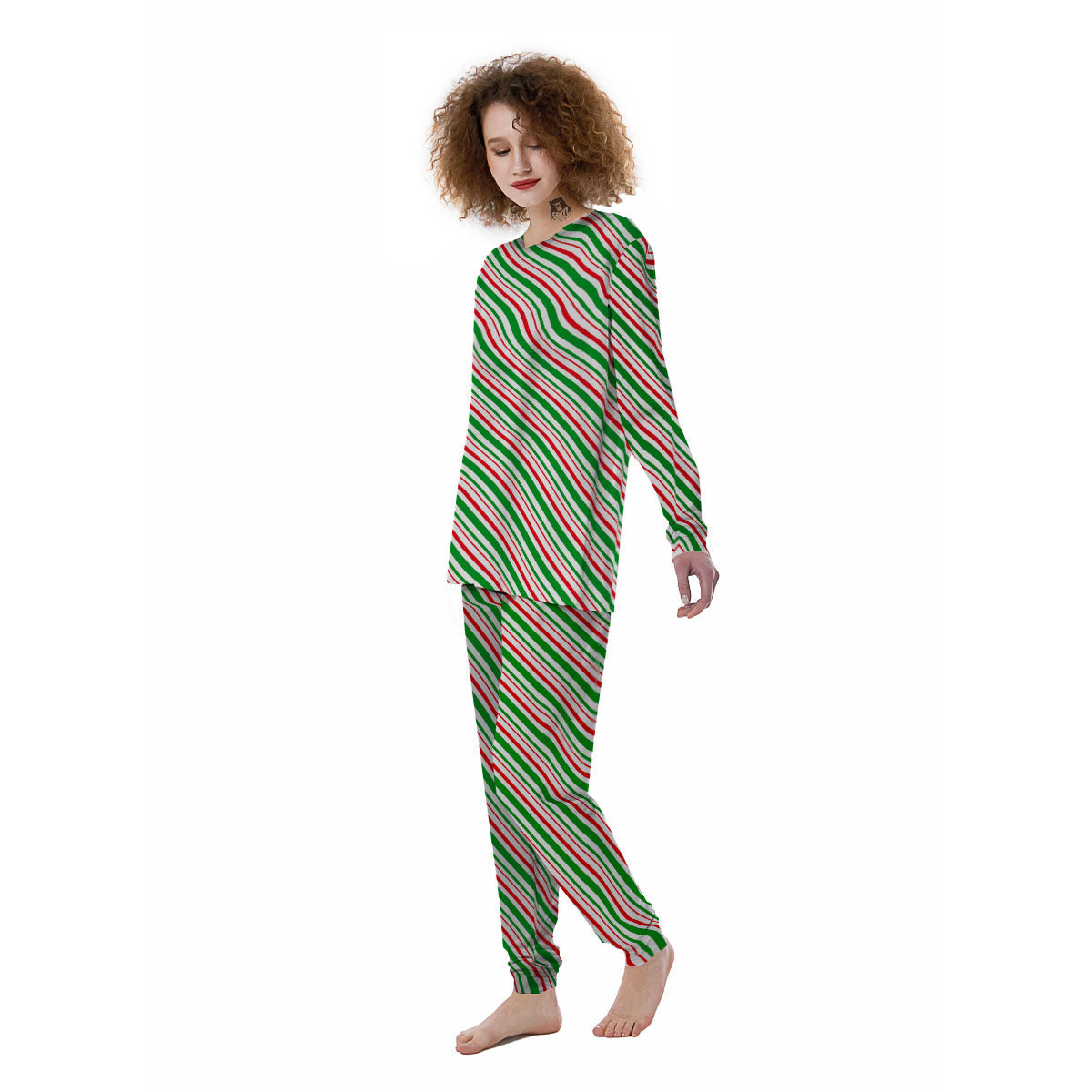 White Candy Cane And Red Green Print Women's Pajamas-grizzshop
