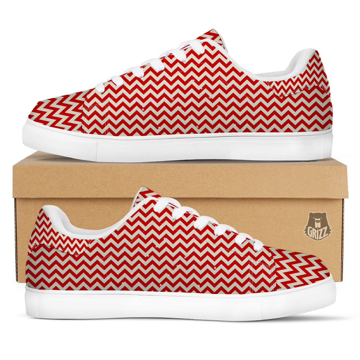 White Chevron And Beige Red Print White Low Top Sneakers-grizzshop